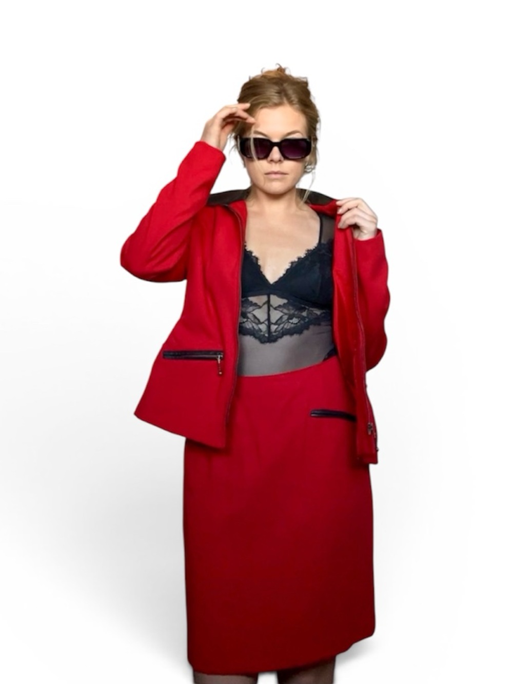 Red Vintage Two-Piece Skirt Suit with Zip Pocket Details